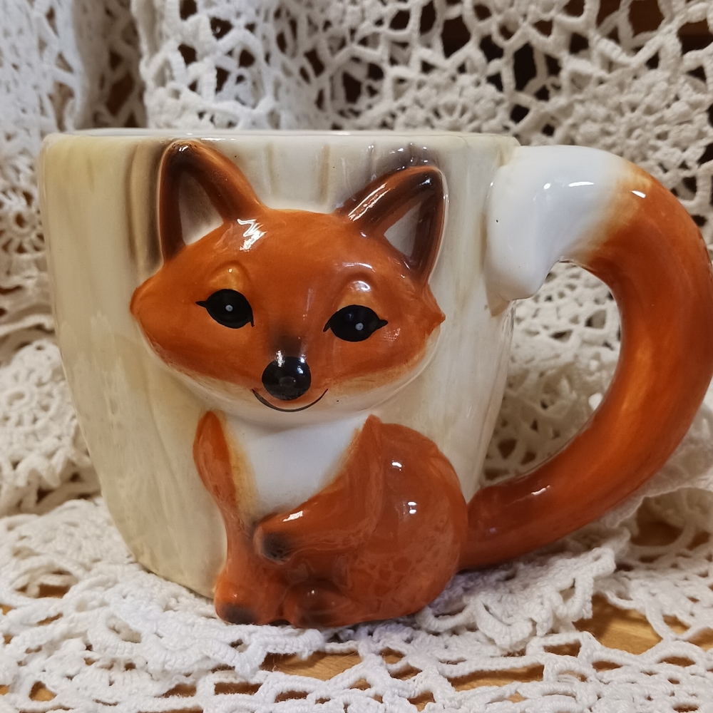 Vintage ceramic FOX mug with tail handle